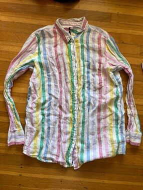 VTG GAP 100% linen rainbow striped boyfriend shirt colorful preppy pride S fun